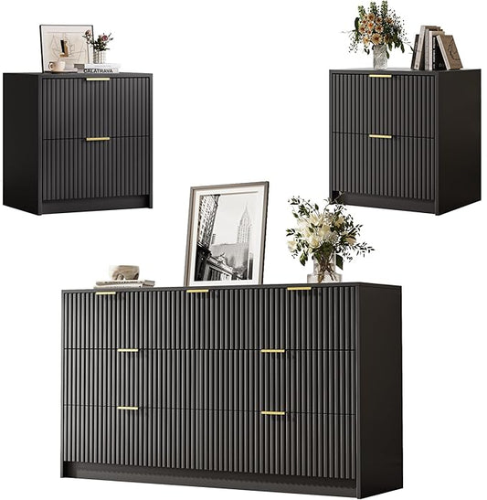 3-Piece Dresser Bedroom Set, 7 Drawer Dresser & 2 Drawer Nightstands with Gold Handles, Fluted Wood Chest of Drawers for Bedroom, Living Room, Entryway, Black