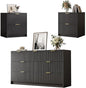3-Piece Dresser Bedroom Set, 7 Drawer Dresser & 2 Drawer Nightstands with Gold Handles, Fluted Wood Chest of Drawers for Bedroom, Living Room, Entryway, Black