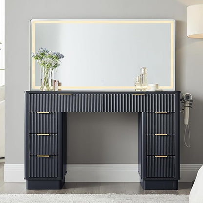 T4TREAM 48" Fluted Makeup Vanity Desk with Large Led Lighted Mirror, Modern Vanity Table with 8 Drawers & Charging Station, Glass Top Dressing Table for Bedroom, Dark Grey