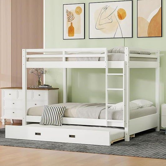 Bellemave Queen Over Queen Size Bunk Bed with Trundle for Kids/Adults,Solid Wood Bunk Bed Frame Queen Size with Ladder & Safety Guardrails,White