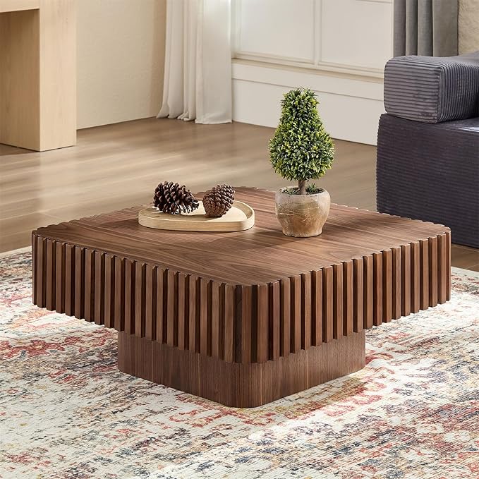 LKTART Square Coffee Table for Living Room, Accent Fluted Coffee Table with Storage, Modern Solid Wood Veneered Large Center Tea Table for Small Space Apartment (31.5''D×14''H-Walnut)