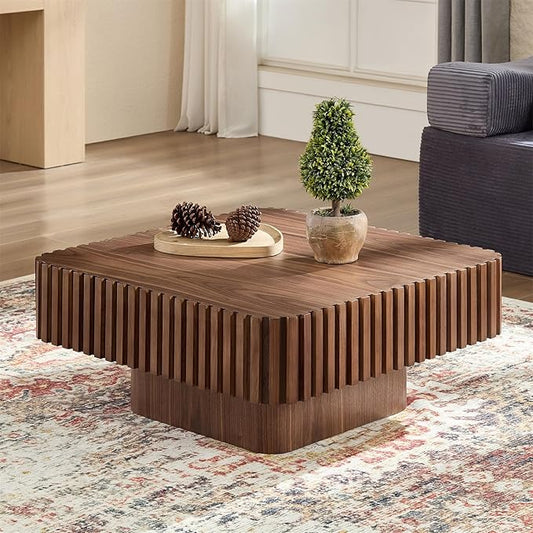 LKTART Square Coffee Table for Living Room, Accent Fluted Coffee Table with Storage, Modern Solid Wood Veneered Large Center Tea Table for Small Space Apartment (31.5''D×14''H-Walnut)