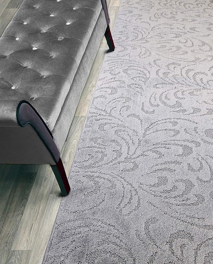 Custom Length Hallway Runner Rug,Slip Resistant,Floral Grey, 26 Inch X 15 feet, Sold and Priced Per Foot