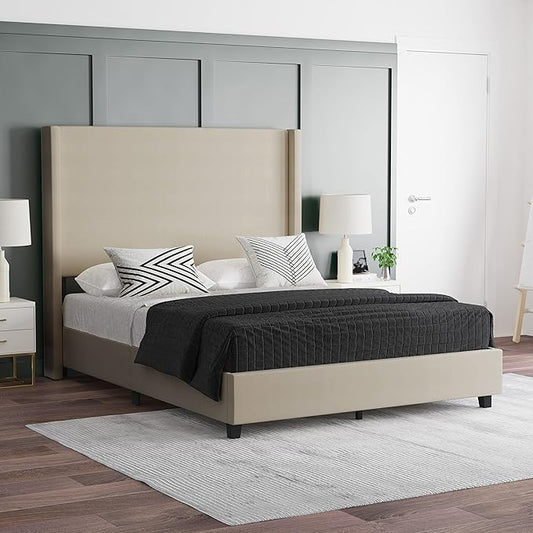 EMMA + OLIVER Nora Queen Size Faux Linen Upholstered Platform Bed with Plush Padded Wingback Headboard (No Box Spring Needed), Modern Upholstered Headboard Queen Bed Frame, Beige