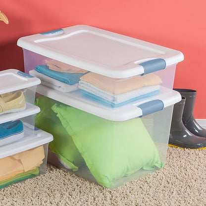 Sterilite 12-Pack Latching Box, Under Bed Storage Bins with Lids, Clear Plastic, 32 Quart - Heavy-Duty Organizing Containers for Closet, Bathroom, and Office