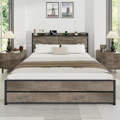 King Size Wooden Bed Frame with 12 Storage Drawers and Headboard, Farmhouse Platform Bed Frame with Charging Station, No Box Spring Needed, Stable and Solid, Noise Free. (Oak, King)