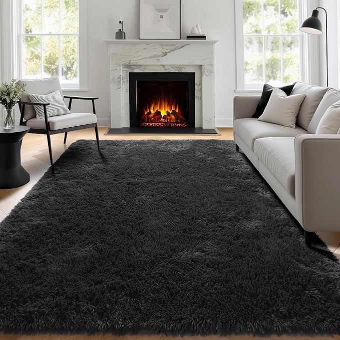 PAGISOFE 6x9 Fluffy Bedroom Rugs Black Modern Living Room Machine Washable Area Rug Fuzzy Shaggy Carpet Indoor Plush Nursery Rugs for Kids Room Furry Floor Rug for Boys Carpet for Teen Dorm Room Decor