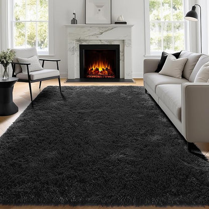 PAGISOFE 6x9 Fluffy Bedroom Rugs Black Modern Living Room Machine Washable Area Rug Fuzzy Shaggy Carpet Indoor Plush Nursery Rugs for Kids Room Furry Floor Rug for Boys Carpet for Teen Dorm Room Decor
