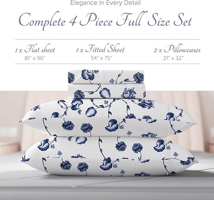 Carressa Linen 100% Egyptian Cotton Printed Bed Sheets - 600 Thread Count 4 PC Full Sheet Set, Hotel Luxury Sateen Bedsheets, 16" Deep Pocket Soft Cooling Sheets for Full Size Bed - Floral Blue
