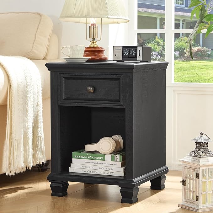 SAVOR LIFE Farmhouse End Tables Living Room Set of 2, Rustic Wood Nightstand with 1 Drawer, Bedside Table with Open Shelf for Bed Room, Side Table for Living Room, Black
