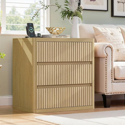Fluted Nightstand with 3 Drawers, Wood Night Stand with Storage, 25" Wide Side Table, Modern Bedside Table for Bedroom, End Table for Living Room, Handleless Design, Curved Profile, Natural Oak 1PC