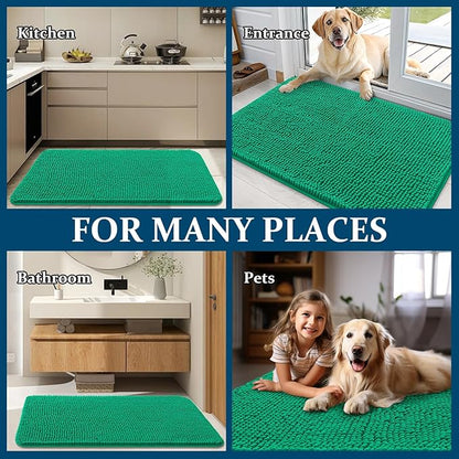 OLANLY Dog Door Mat for Muddy Paws 36x24, Absorbs Moisture and Dirt, Absorbent Non-Slip Washable Doormat, Quick Dry Chenille Mud Mat, Entry Indoor Entryway Carpet for Inside Floor, Emerald Green