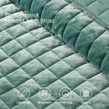 LEAONME Velvet Quilt King Size-98''x106'', Lightweight Aqua Green Velvet Comforter Set with 2 Pillow Shams, Soft Bedspread Coverlet Quilted Bedding Set for All Season