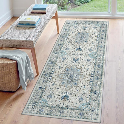 Area Rugs 3'x8' Washable Non-Slip, Floral Vintage Distress Print Pattern Medallion Carpet for Living Room Bedroom Dining Room, Light Blue Navy Beige Gray White