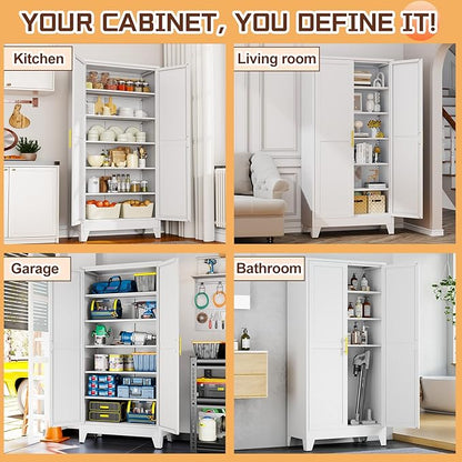 75" Metal Kitchen Pantry Cabinet,White Storage Cabinet with Doors and 5 Adjustable Shelves, Cabinet with 2 Metal Handles,Tall Cabinet for Livingroom,Pantry, Bathroom,Kitchen