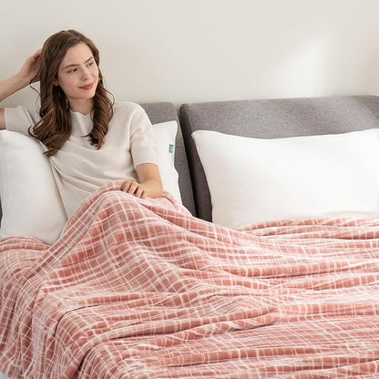 Berkshire Blanket-Classic Heavyweight Soft Printed VelvetLoft® Plush Blanket, Full/Queen Size Soft Fuzzy Warm Blanket for Couch Sofa Bed, Watercolor Plaid Blush, 90in x 90in