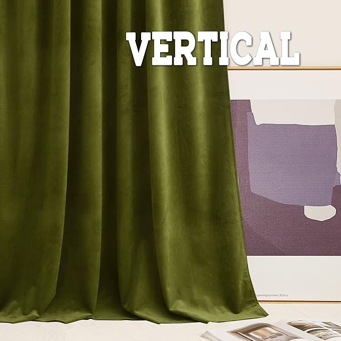 RYB HOME Moss Green Velvet Curtains 84 inches - Back Tab Blackout Curtains for Nursery, Bedroom Room Divider Panels Thermal Insluted Drapes for Living Room, Wide 62 x Long 84, 2 Panels