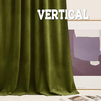 RYB Home Moss Green Velvet Curtains - Smooth Plush Privacy Blackout Energy Efficient Window Treatment Vivid Luxury Decoration for Bedroom Bathroom, W42 x L84 inches, 2 Pieces
