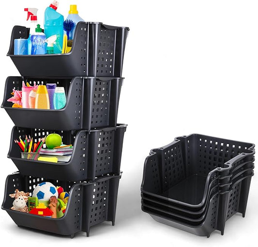 Skywin TidyFriend Plastic Stackable Storage Bins, 4 Pack Extra Large Open Front Bins for Toy, Pantry, Kitchen, and Bathroom Organization (Dark Grey)