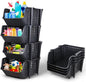 Skywin TidyFriend Plastic Stackable Storage Bins, 4 Pack Extra Large Open Front Bins for Toy, Pantry, Kitchen, and Bathroom Organization (Dark Grey)