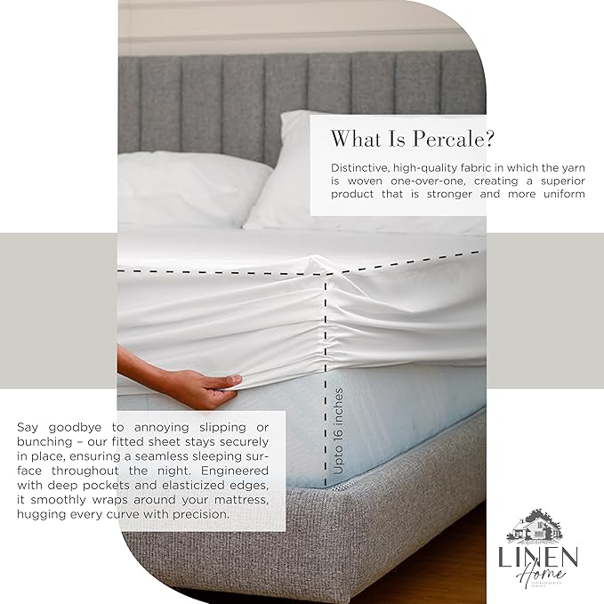 Linen Home 100% Cotton Percale Sheets Full Size, White, Deep Pocket, 4 Pieces Set - 1 Flat, 1 Deep Pocket Fitted Sheet and 2 Pillowcases, Crisp Cool and Strong Bed Linen