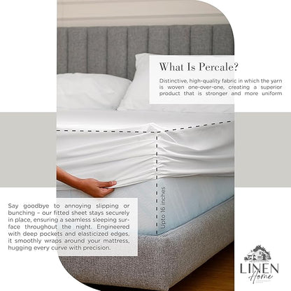 Linen Home 100% Cotton Percale Sheets Full Size, White, Deep Pocket, 4 Pieces Set - 1 Flat, 1 Deep Pocket Fitted Sheet and 2 Pillowcases, Crisp Cool and Strong Bed Linen