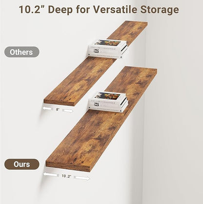 Vivelove 10 Inch Deep Floating Shelves 55 inch Long, 55 x 10 Wide Wall Shelves with Invisible Brackets, for Bedroom Bathroom Living Room Kitchen Office, Farmhouse Home Decor, Set of 2, Rustic Brown