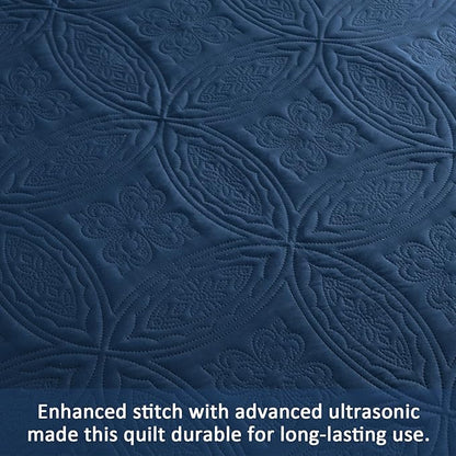 Yiran Navy Blue Quilt Set King Size Lightweight Bedspread Embossed Pattern Soft Microfiber Coverlet for All Season with 2 Pillow Shams (106"x96")