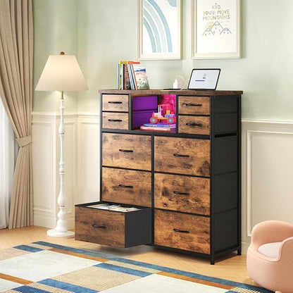 Dresser for Bedroom with 10 Drawers Featuring LED Light and Power Outlet, Fabric Dressers & Chest of Drawers with Open Shelves for Hallway, Living Room, Steel Frame,Wood Top, Rustic Brown