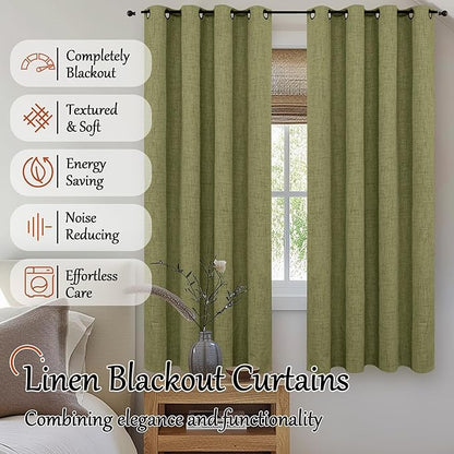 Olive Green 100% Linen Blackout Curtains for Living Room 63 Inch Long 2 Panels, Thermal Insulated Noise Reducing Window Total Black Out Curtains for Bedroom, Each 52x63 Inch 2 Panels