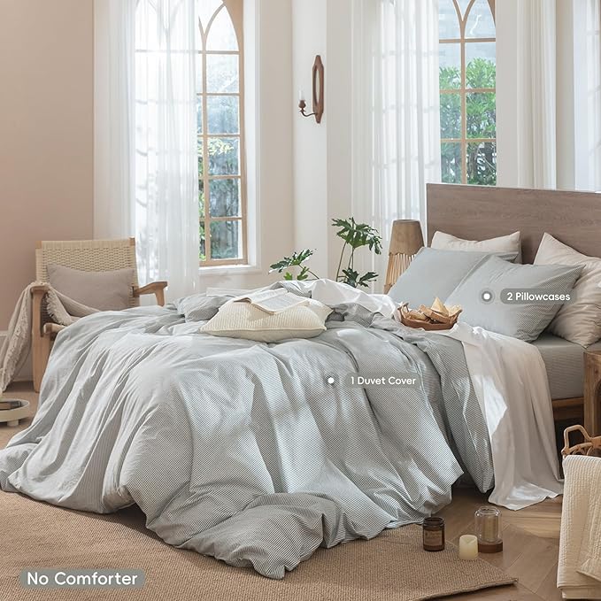 MooMee Striped Duvet Cover Set 100% Washed Cotton Linen Like Textured Breathable Durable Soft Comfy (Heathered Green Pinstripes, Oversized Queen 98"x98")