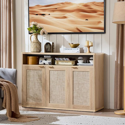 LEYAOYAO Rattan Sideboard Buffet Cabinet,45" Coffee Bar Cabinet with 3 Doors & Open Storage Shelf,Modern Credenza Console Table for Living Room Rattan Farmhouse entryway Natural