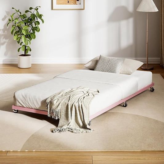 GarveeHome Twin Size Metal Roll Out Trundle Bed Frame with Wheels and Slats Support, Pink