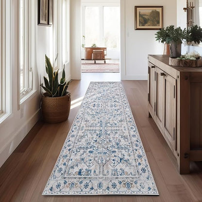 jinchan Lima Runner Rug 2x12 Long Hallway Runner Rug Thin Vintage Washable Kitchen Carpet with Rubber Backing Floral Print Floor Cover Indoor Laundry Room Bedroom Stairway (2x12ft, Blue)