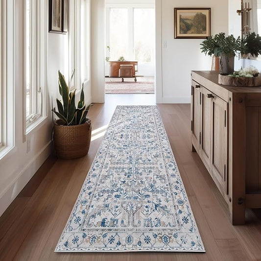 jinchan Lima Runner Rug 2x12 Long Hallway Runner Rug Thin Vintage Washable Kitchen Carpet with Rubber Backing Floral Print Floor Cover Indoor Laundry Room Bedroom Stairway (2x12ft, Blue)