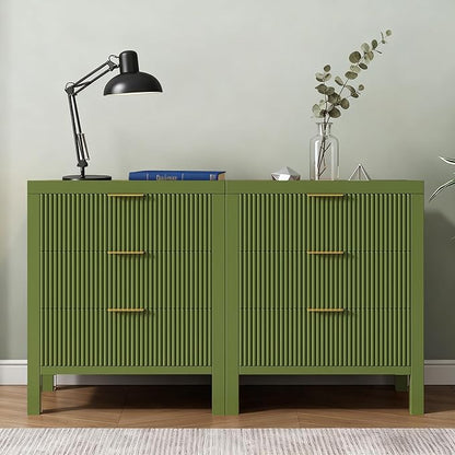 End Table with Storage, Wooden Farmhouse Nightstands with 6 Drawers, Bedside Table - Boho Tall Side Table Accent for Bedroom, Living Room, Green X2