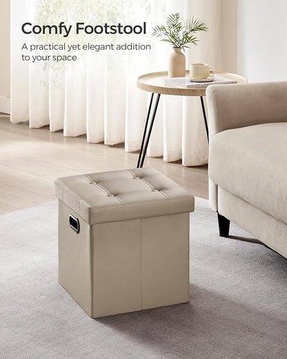 SONGMICS Mazie Collection - 15 Inches Ottoman with Storage, Footstool, Storage Ottoman with Metal Handles, Load 660 lb, for Dorm, Living Room, Bedroom, Synthetic Leather, Camel Brown ULSF030K03