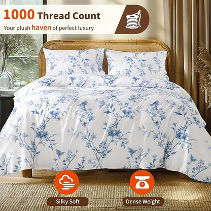 LBRO2M 1000 Thread Count Sheets 100% Egyptian Cotton Bedding Set Floral Queen Size Sheets 16 Inches Deep Pocket Bedding 4 Piece Sets (Queen, Blue Bird)