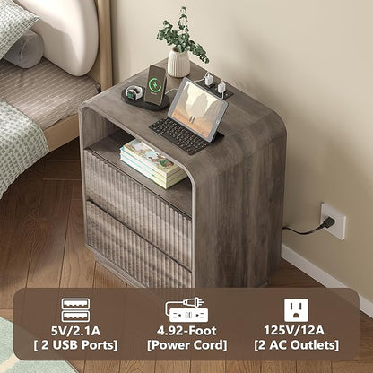 Dresser with 2 Drawers and Charging Station, Fluted Bedside Table with Round Curved Corner, Hidden Handles, 2 AC Outlets and 2 USB Ports, Modern Wood End Table with Open Shelf for Bedroom