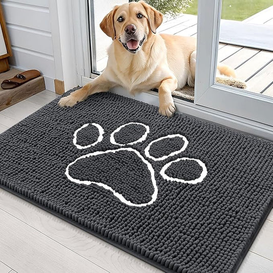 OLANLY Dog Door Mat for Muddy Paws 35x24, Paw Print Design, Absorbs Moisture and Dirt, Absorbent Non-Slip Washable Doormat, Quick Dry Chenille Mud Mat for Dogs, Entry Indoor Entryway Carpet, Dark Grey