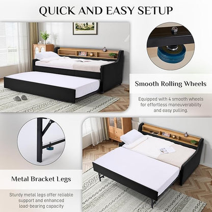 Twin Size Daybed with Pop Up Trundle Bed, Linen Fabric Upholstered Day Bed Frame with w/LED/USB/Type C/Storage Headboard, Twin to King Daybed for Living Room Bedroom, No Box Spring Needed, Black