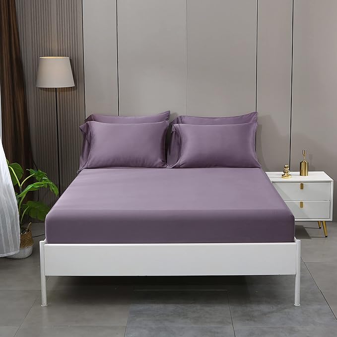 King Sheets, Rayon Derived from Bamboo, Cooling Bed Sheets Set,Deep Pocket Up to 16", 4 Pieces Silky Soft, Breathable Bedding Sheets & Pillowcases(Dusty Purple,King)