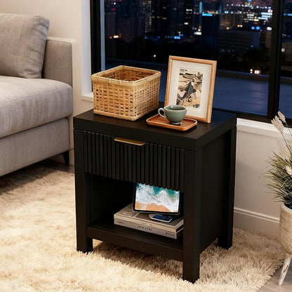 Nightstand Set of 2, Bed Side Table with Storage, Farmhouse End Table with 2 Drawers, Fluted Cabinet Bedside Cabinet for Bedroom Living Room Sofa Couch Office, Black Oak