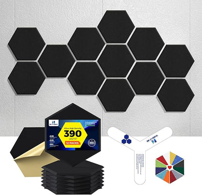 Self-Adhesive Acoustic Panels [390 lbs/yd³ Ultra-High Density], 2nd Generation Sound Absorbing Panel, Professional Level Sound Panel, Polyester Soundproof Foam [Size L, Black]