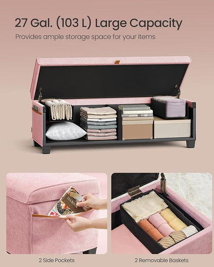 SONGMICS Storage Ottoman Bench, Storage Chest, 15.7 x 43.3 x 15.7 Inches, End of Bed Bench, 27 Gal. (103 L), for Bedroom, Entryway, Living Room, Jelly Pink ULSF533R01