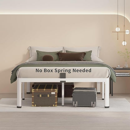 MAF 16 Inch Full Size Bed Frame White with Round Corner Legs Mattress Slide Stopper No Box Spring Needed Heavy Duty Metal Platform Bed Frames Under-Bed Storage Space, 3000 LBS Steel Slats Support