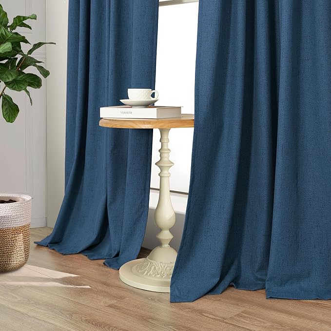 Navy Blue Black Out Curtains 63 Inch Long 2 Panel Burg Linen Textured Thermal Insulated Total Blackout Window Shades Soundproof Dark Out Curtain for Living Room Kids Children Boy Bedroom 63 Length