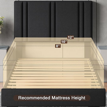 Upholstered Twin Size Bed Frame with Linen Fabric Headboard, Strong Wooden Slats Support, Noise Free, No Box Spring Needed, Black