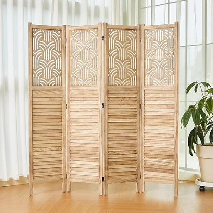 Svimi Folding Room Divider, 66.9 Inch 4 Panels Wood Carved Privacy Screens, Free Assembled Freestanding Portable Separation Wall for Home Office Bedroom (Natural)