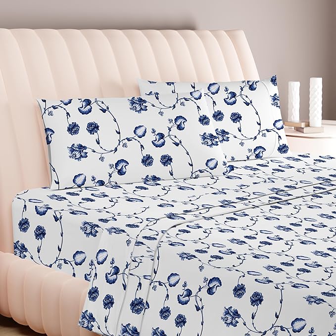 Carressa Linen 100% Egyptian Cotton Printed Bed Sheets - 600 Thread Count 4 PC Full Sheet Set, Hotel Luxury Sateen Bedsheets, 16" Deep Pocket Soft Cooling Sheets for Full Size Bed - Floral Blue
